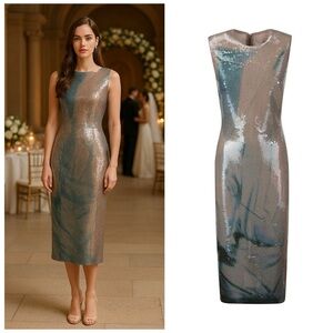 16ARLINGTON Aveo Sequin Midi Dress Beige Blue Size 2 Cocktail Formal Wedding NWT